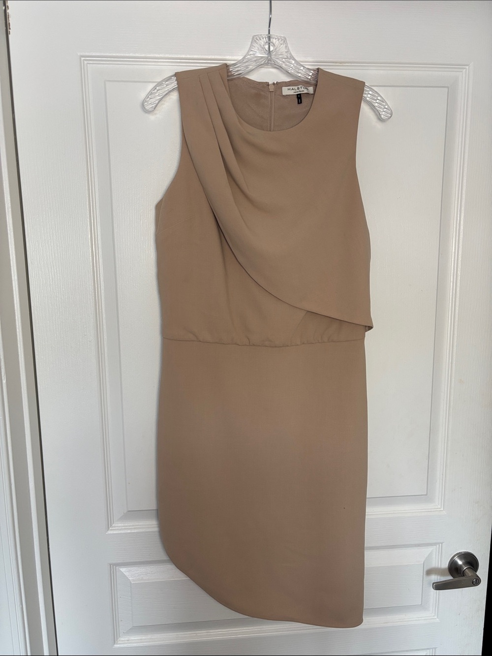 Halston Heritage Asymmetrical Draped Sleeveless Dress in Taupe